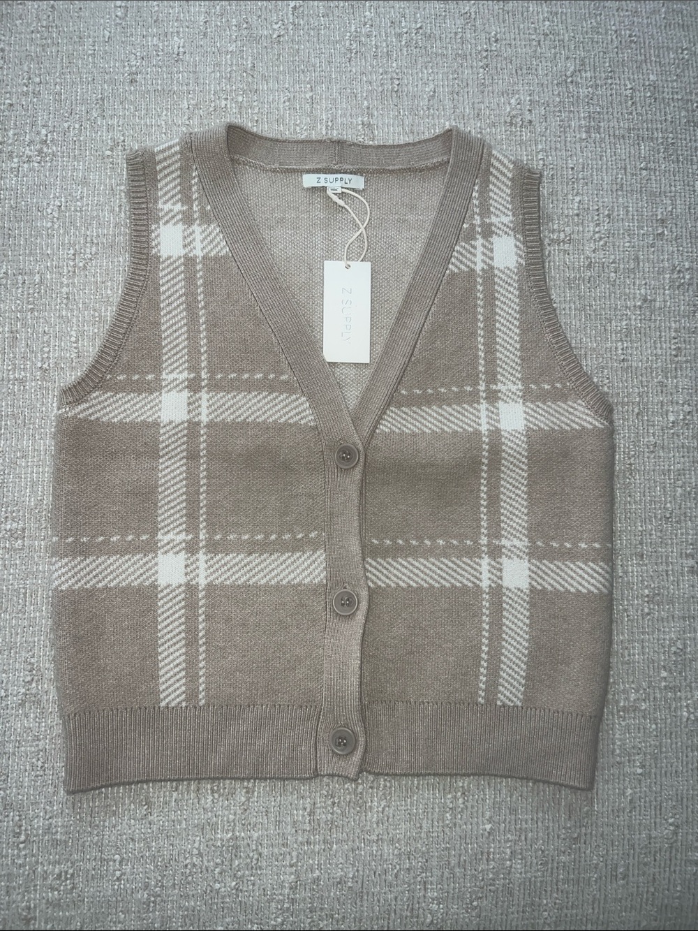 Z Supply Taupe and Cream Plaid Button-Front Sweater Vest